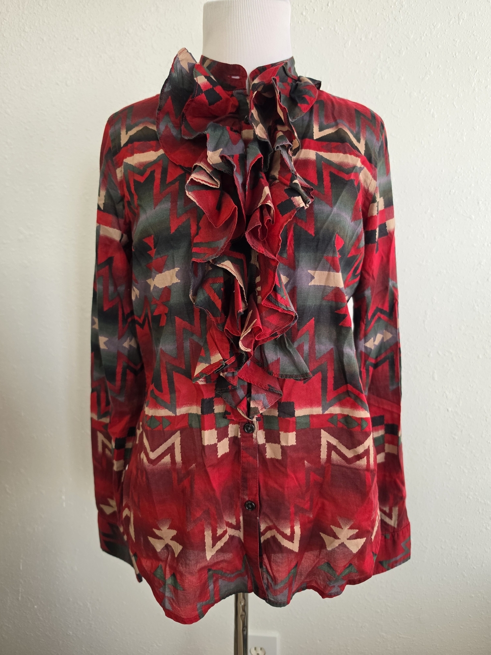 Lauren Ralph Lauren Western Aztec Ruffle Button Down Shirt S - Picture 3 of 9